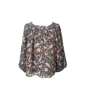 Loft Womens M Floral Paisley Green Blouse With Ruffle Sleeves & Elastic Neckline
